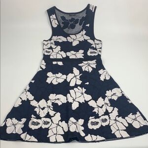 Ann Taylor Navy Blue White Floral Tank Top A Line Dress Size Medium Stretch